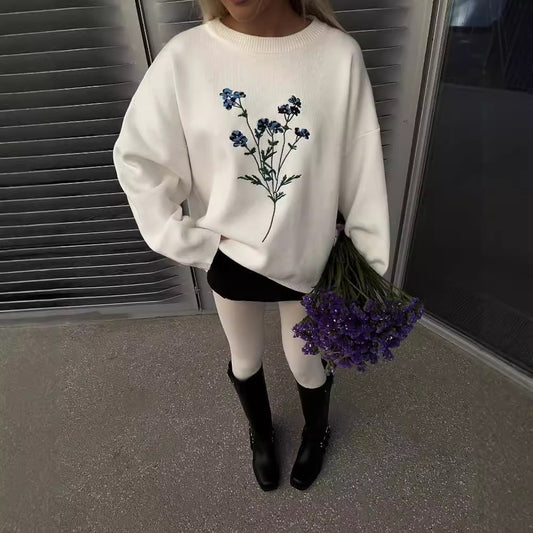 Autumn Flower Embroidered Crew Neck Sweater