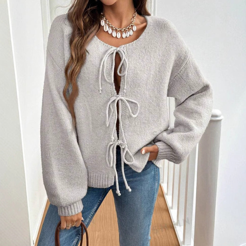 Women's Casual Loose Cardigan Lace-up Solid Color Sweater