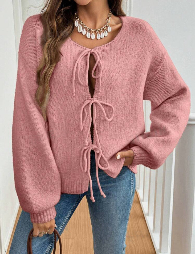 Women's Casual Loose Cardigan Lace-up Solid Color Sweater