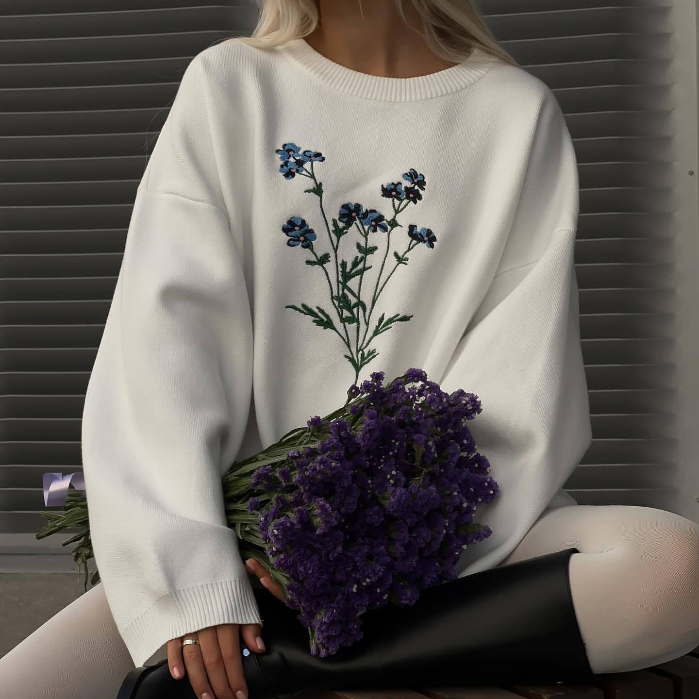 Autumn Flower Embroidered Crew Neck Sweater