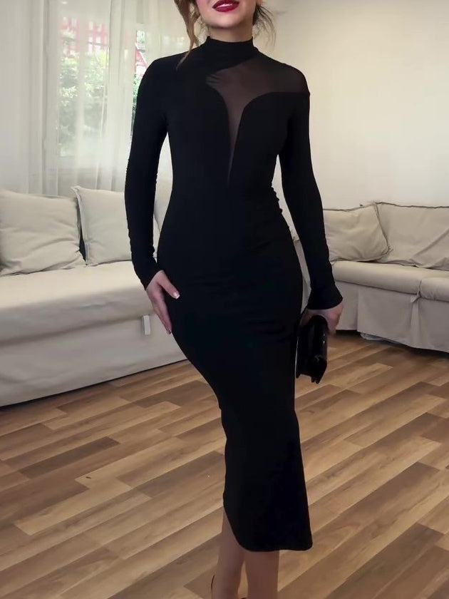 Black Mesh Paneled Long-sleeved Bodycon Dress