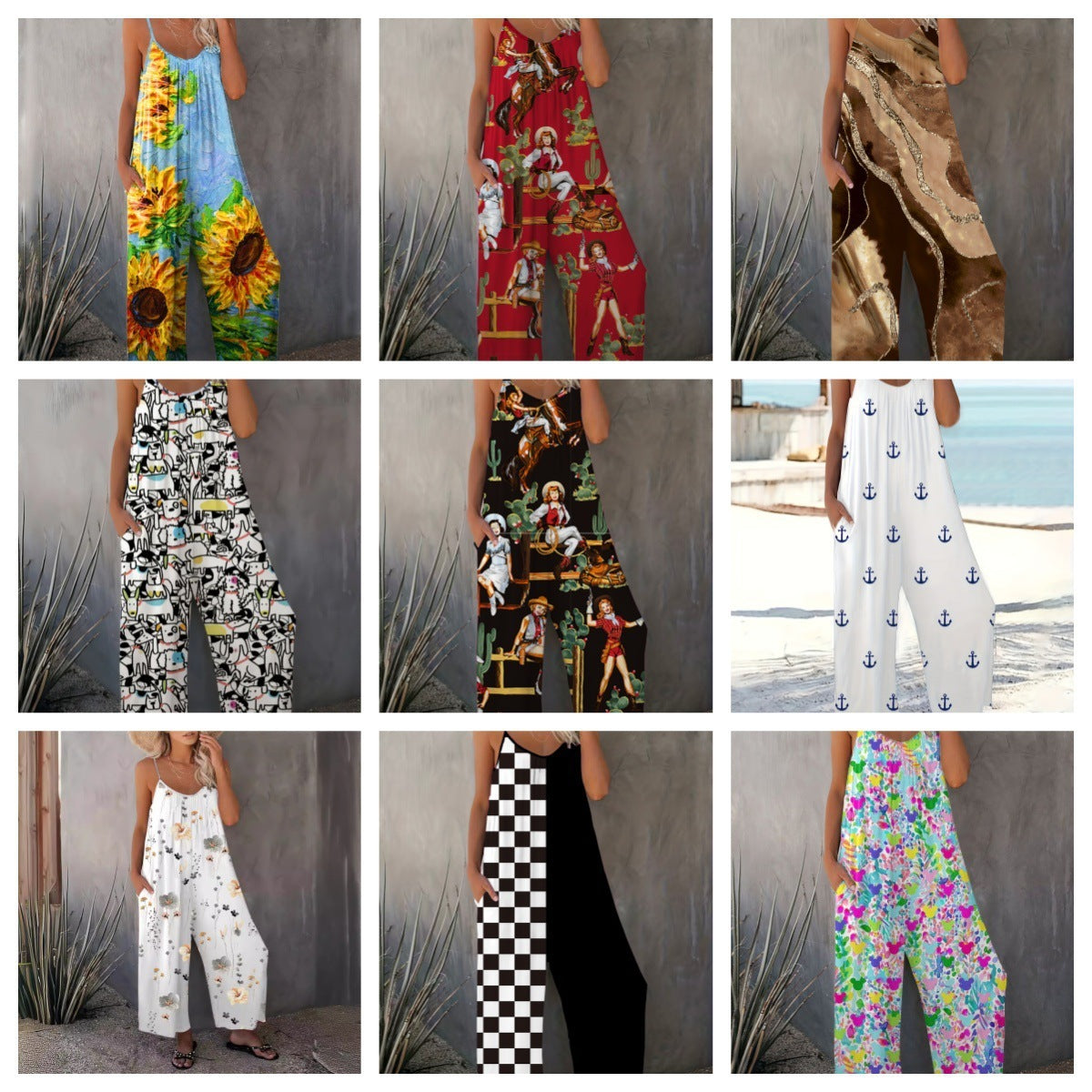 Bohemian Style Printed Pleated Suspenders Jumpsuit