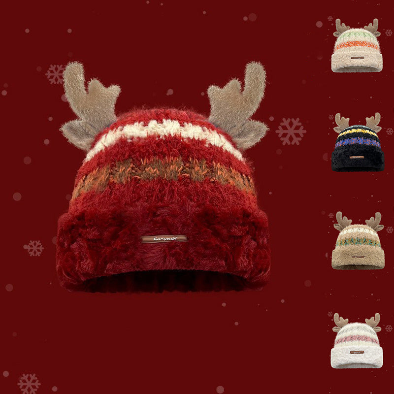 Christmas Knitted Hat With Cute Deer Antler Winter Warm Thick Hat For Girls Women