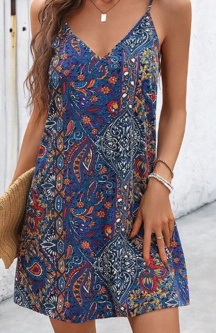 Bohemian Printed V Neck Spaghetti Strap Backless A-Line Dress, Perfect For Music Festivals