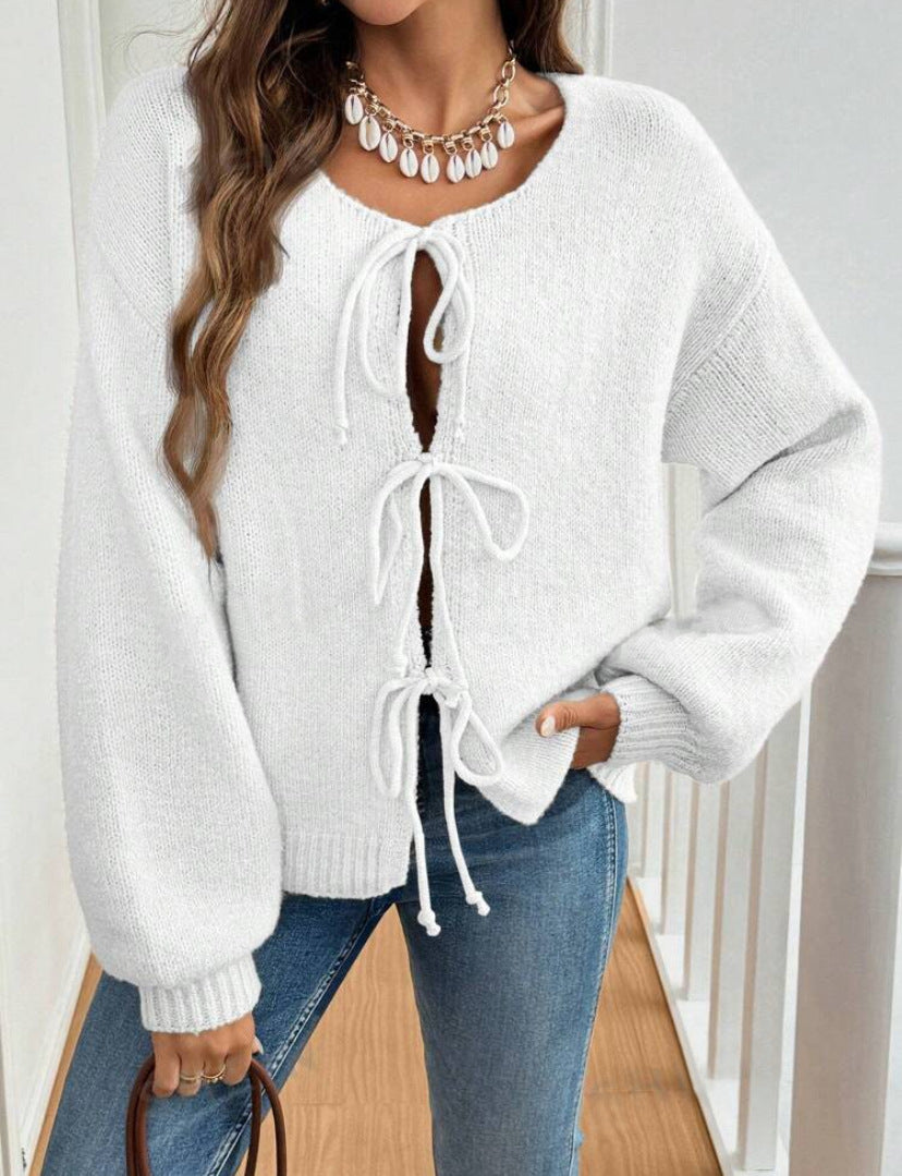 Women's Casual Loose Cardigan Lace-up Solid Color Sweater